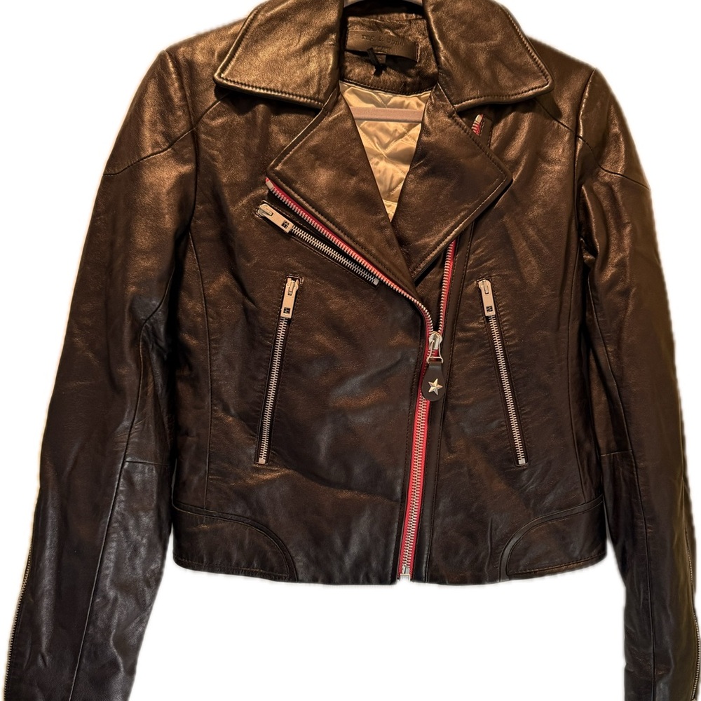 Rag & Bone Red and Black Leather Biker Jacket with Asymmetrical Zipper